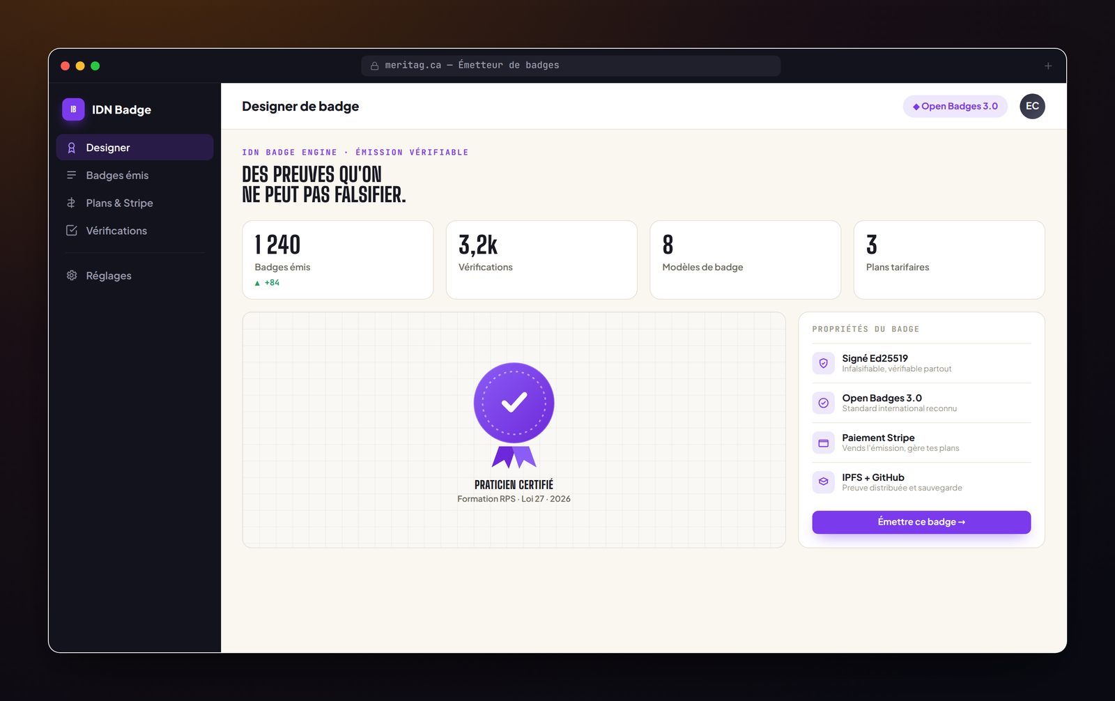 IDN Badge Engine — aperçu de l'interface