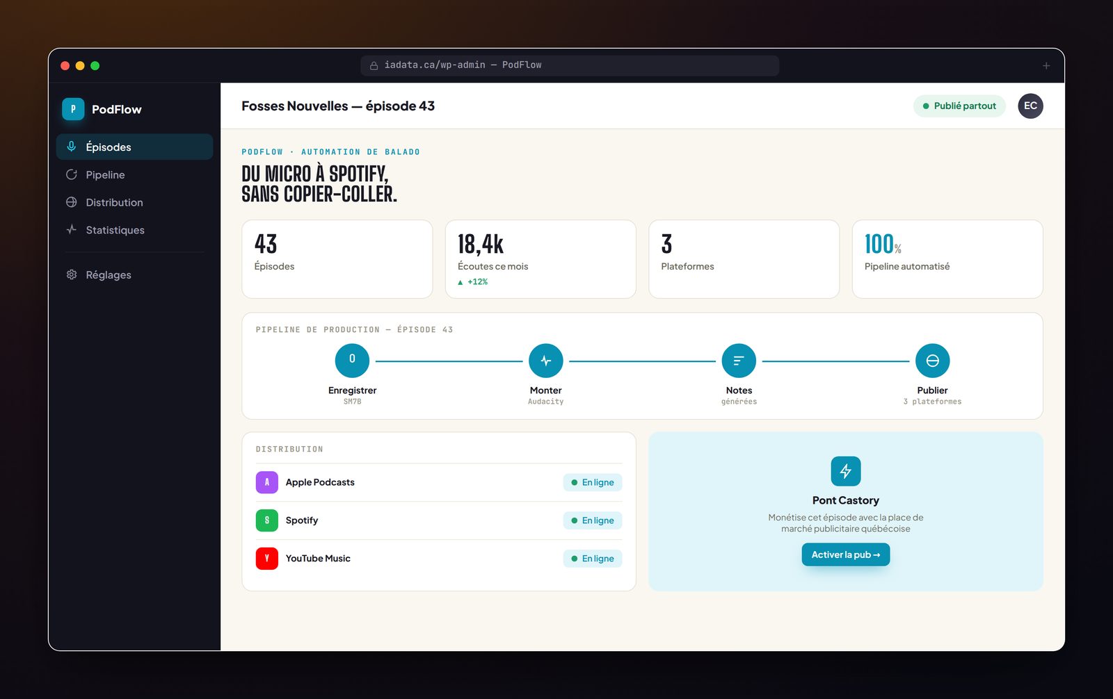 PodFlow — aperçu de l'interface