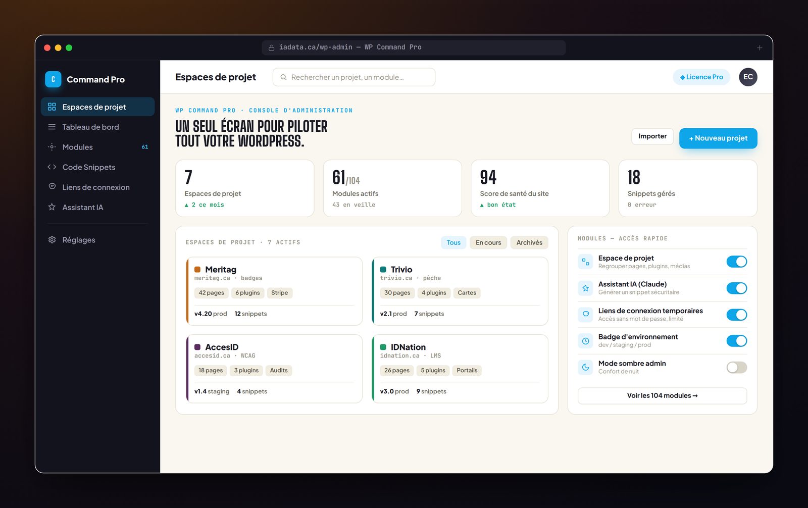 Tableau de bord de WP Command Pro : espaces de projet et modules