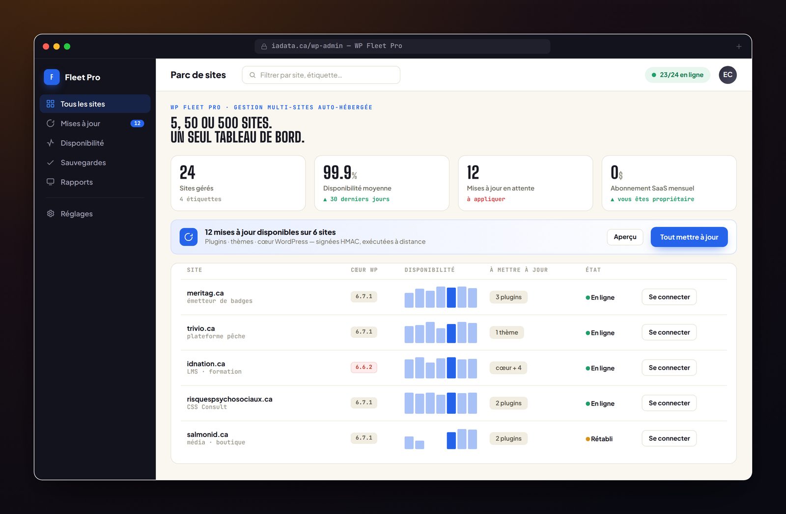 Tableau de bord de WP Fleet Pro : parc de sites WordPress